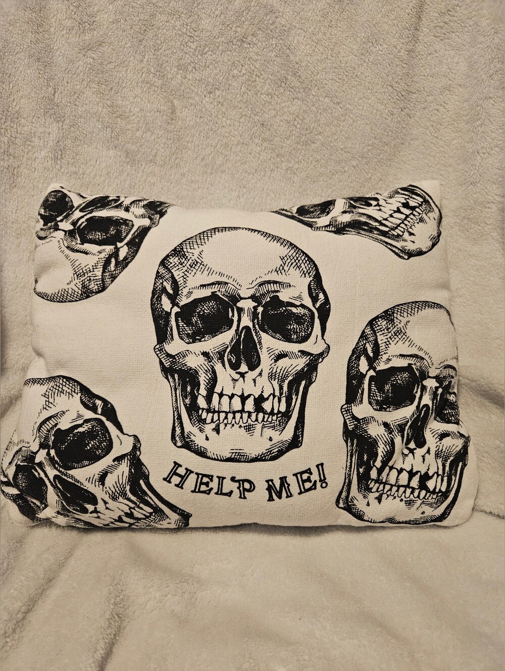 Skull Print Decorative Pillow -Handmade - Black on Ivory. Says HELP ME!